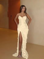 Cocoslly Strapless Sleeveless High Waist Long Mermaid Prom Dress With Split And Flowers | Silver Lace