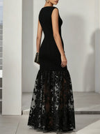 Black Lace Applique Knit Boat Neck Sleeveless A-Line Floor-length Gown Dress