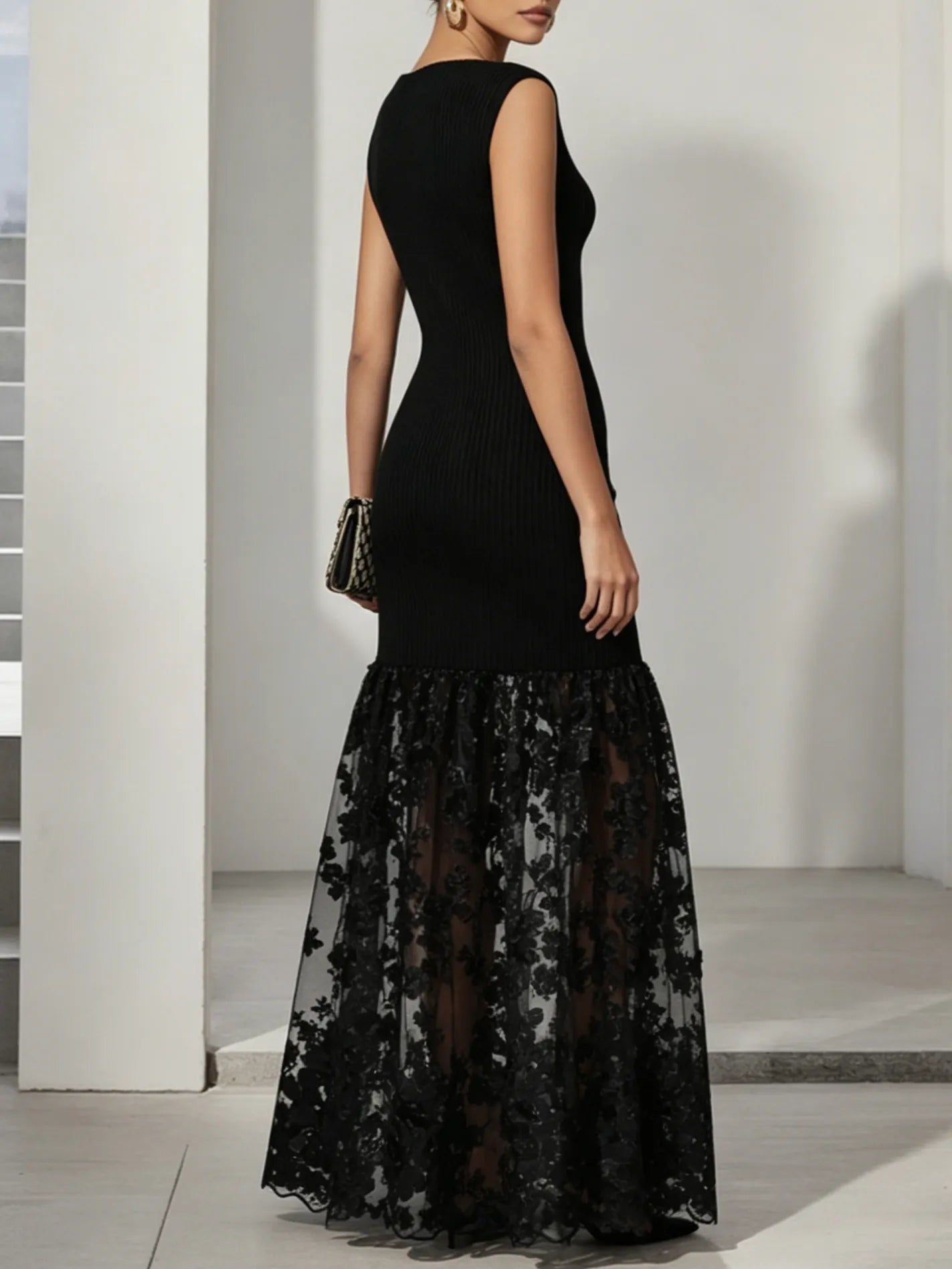 Black Lace Applique Knit Boat Neck Sleeveless A-Line Floor-length Gown Dress