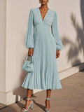 Light Blue Pleated Ruched Balloon Sleeve A-Line Midi Chiffon Dress