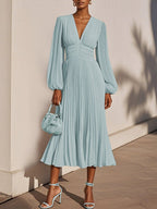 Light Blue Pleated Ruched Balloon Sleeve A-Line Midi Chiffon Dress