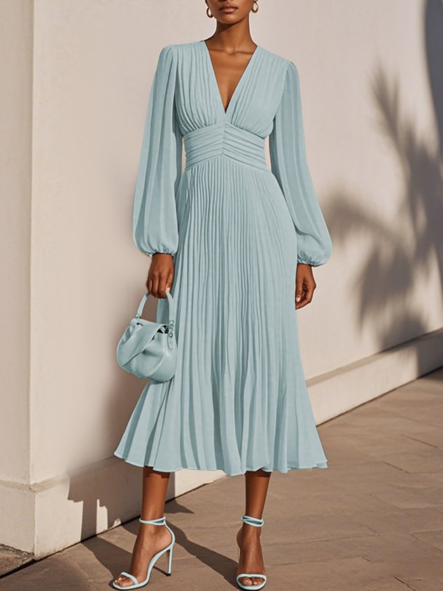 Light Blue Pleated Ruched Balloon Sleeve A-Line Midi Chiffon Dress
