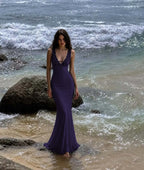 Cocoslly V-Neck Sleeveless High Waist Long Mermaid Prom Dress With Lace | Black Satin LX0099