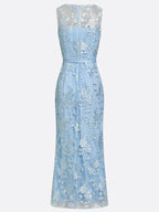 Light Blue Lace Jacquard Boat Neck Sleeveless Mermaid Floor-length Gown Dress