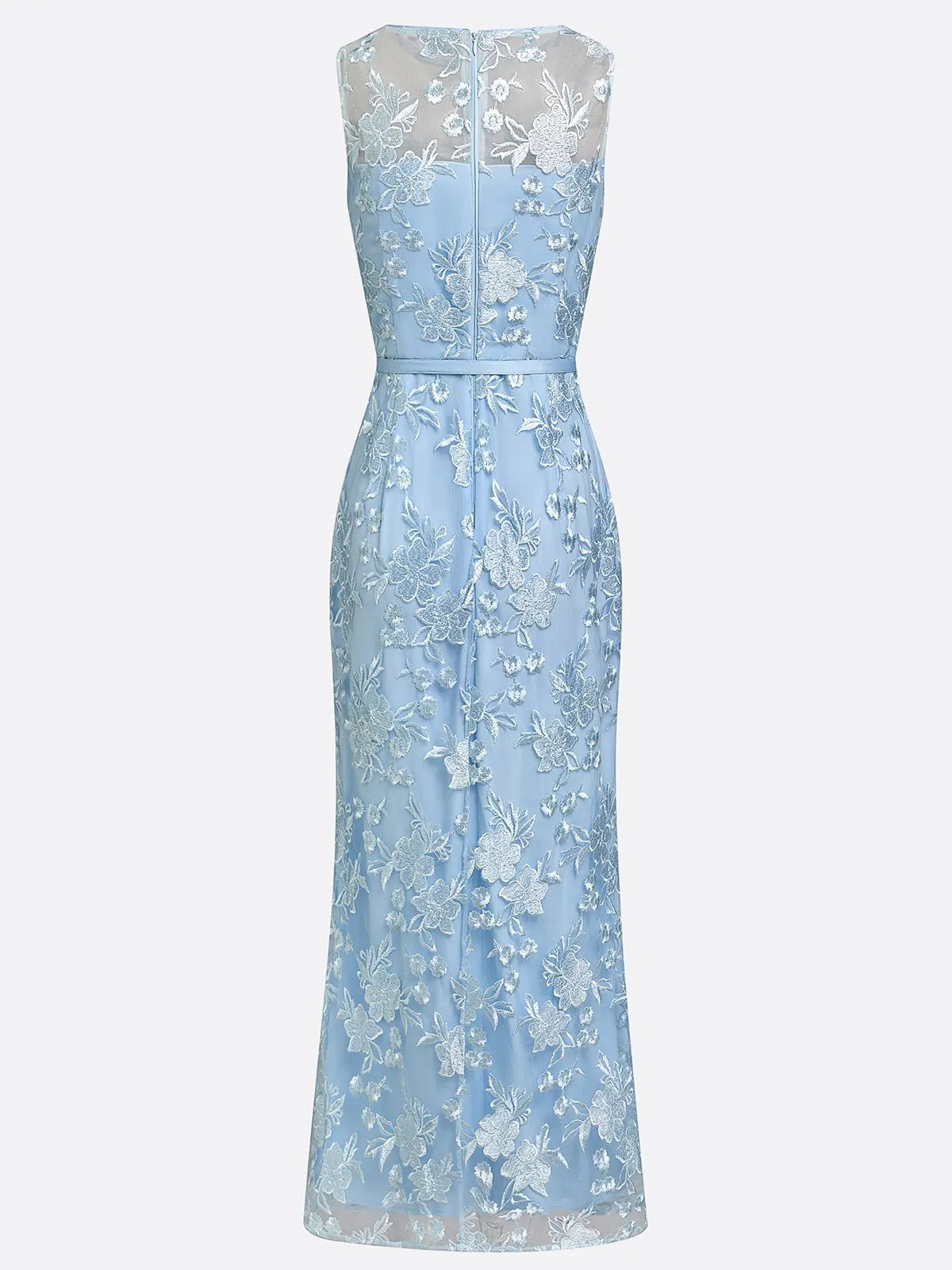 Light Blue Lace Jacquard Boat Neck Sleeveless Mermaid Floor-length Gown Dress