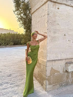 Cocoslly Spaghetti Straps Sleeveless High Waist Long Mermaid Prom Dress With Pleated | Green Satin CO0141