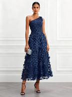 Purplish Blue 3D Floral Embroidery Classic One Shoulder Sleeveless A-Line Midi Dress