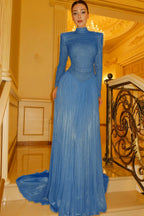 Cocoslly High Neck Long Sleeves High Waist Long Prom Dress With Sequins | Champage Chiffon YC0572