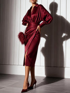 Women Wine Red Lapel Collar Long Sleeve Dressy Top With Skirt Two-Piece Set