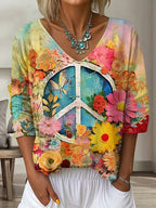 Women's Vintage Floral In Gradient Art Print Flowy Linen Blend  Three-quarter Sleeve V Neck Linen Tops