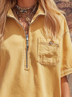 Vintage-style Casual Pale Yellow Denim Short-sleeve Mini Dress