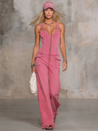 Retro Pink Denim Sleeveless Jumpsuit