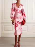 Pink Floral Satin V Neck Long Sleeve Balloon Sleeve Sheath Midi Dress
