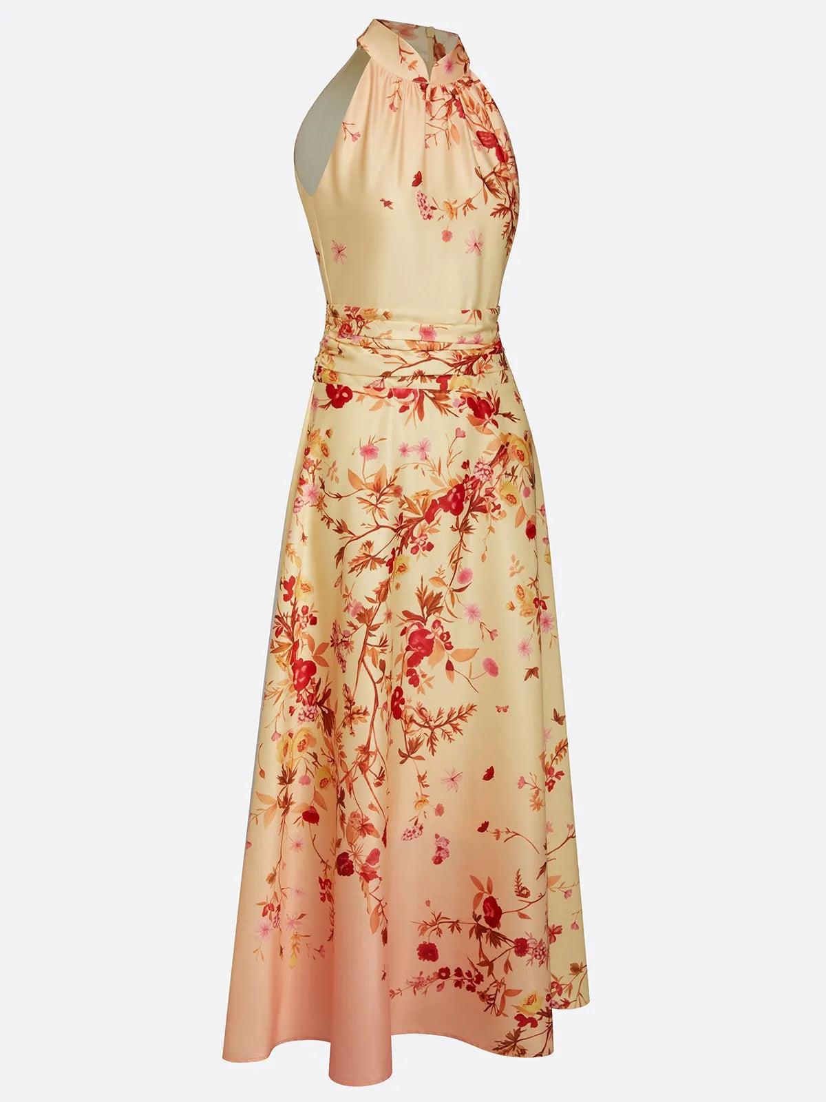 Pale Yellow Floral Classic Halter Mock Neck Sleeveless A-Line Maxi Dress
