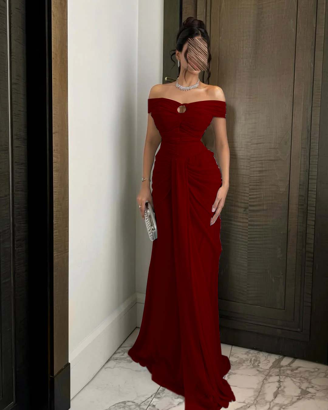 Chiffon Off-The-Shoulder Strapless Sleeveless Long Mermaid Prom Dress With Ruffles And Pleated YK0784