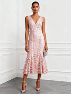 Light Pink 3D Floral Embroidery Classic V Neck Sleeveless Mermaid Midi Dress