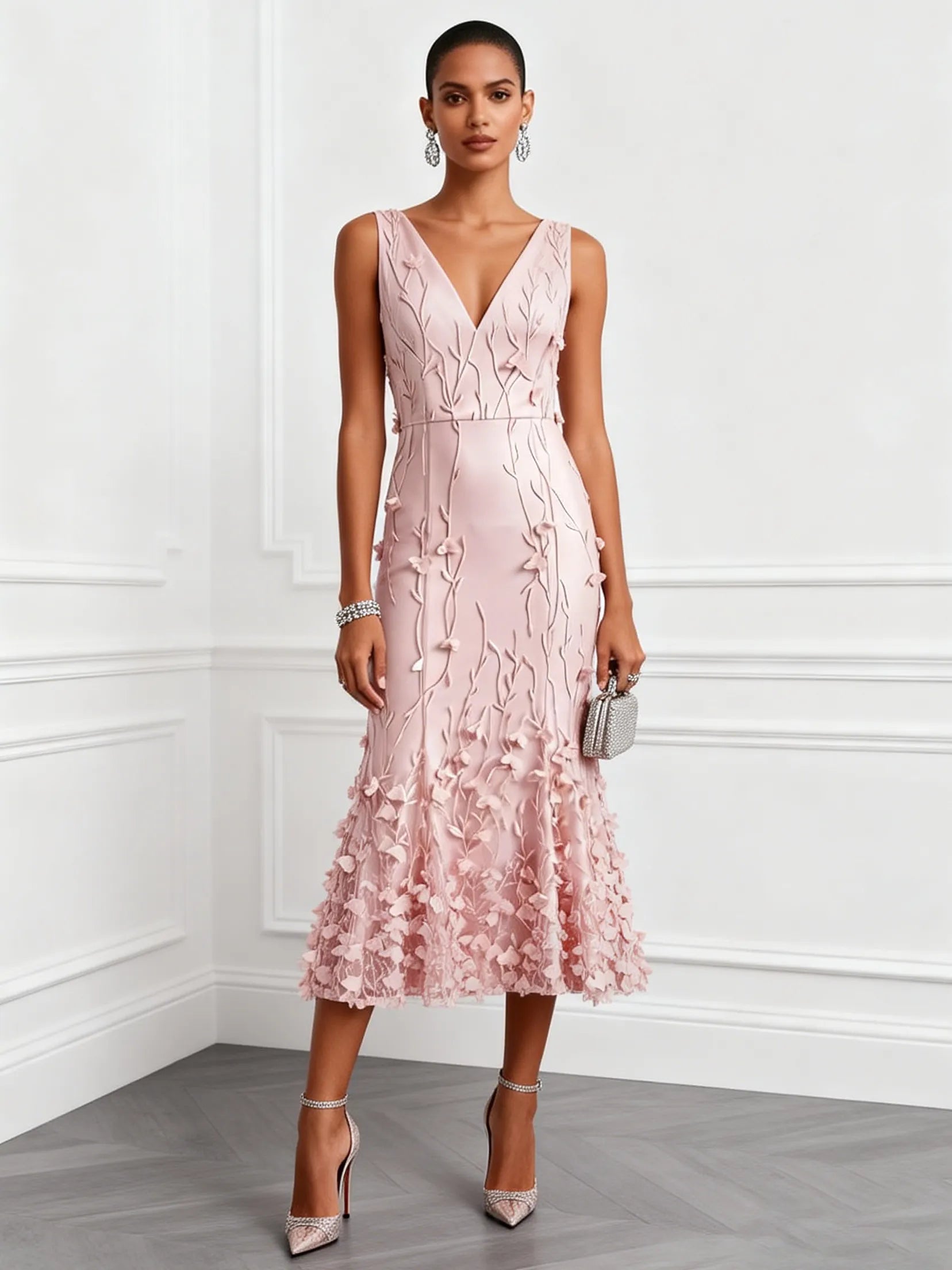 Light Pink 3D Floral Embroidery Classic V Neck Sleeveless Mermaid Midi Dress