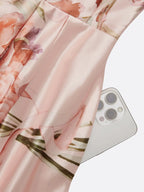 Pink Floral Satin Strapless Sleeveless A-Line Gown Dress