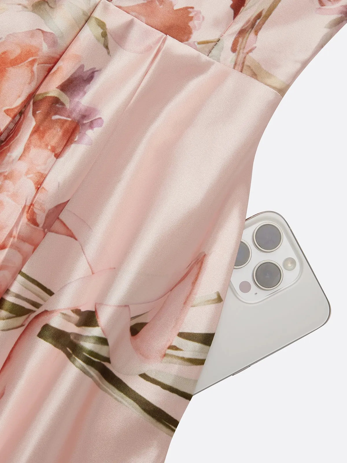 Pink Floral Satin Strapless Sleeveless A-Line Gown Dress