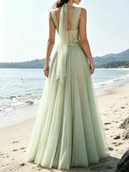 Green Chiffon V Neck Sleeveless A-Line Floor-length Gown Dress