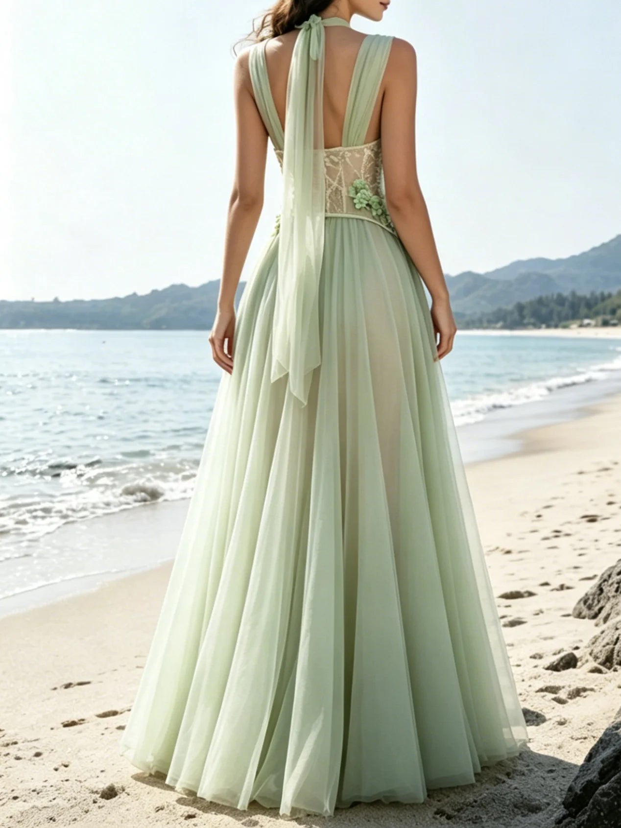 Green Chiffon V Neck Sleeveless A-Line Floor-length Gown Dress