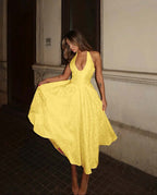 Glamorous Satin Halter Deep V-Neck Strapless Sleeveless Long A-Line Prom Dress YK0626