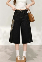 Retro black denim cropped wide-leg cargo pants with plaid patchwork and large pockets