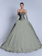 Tulle Sweetheart Strapless Sleeveless Long A-Line Prom Dress With Bow And Gloves YK0721