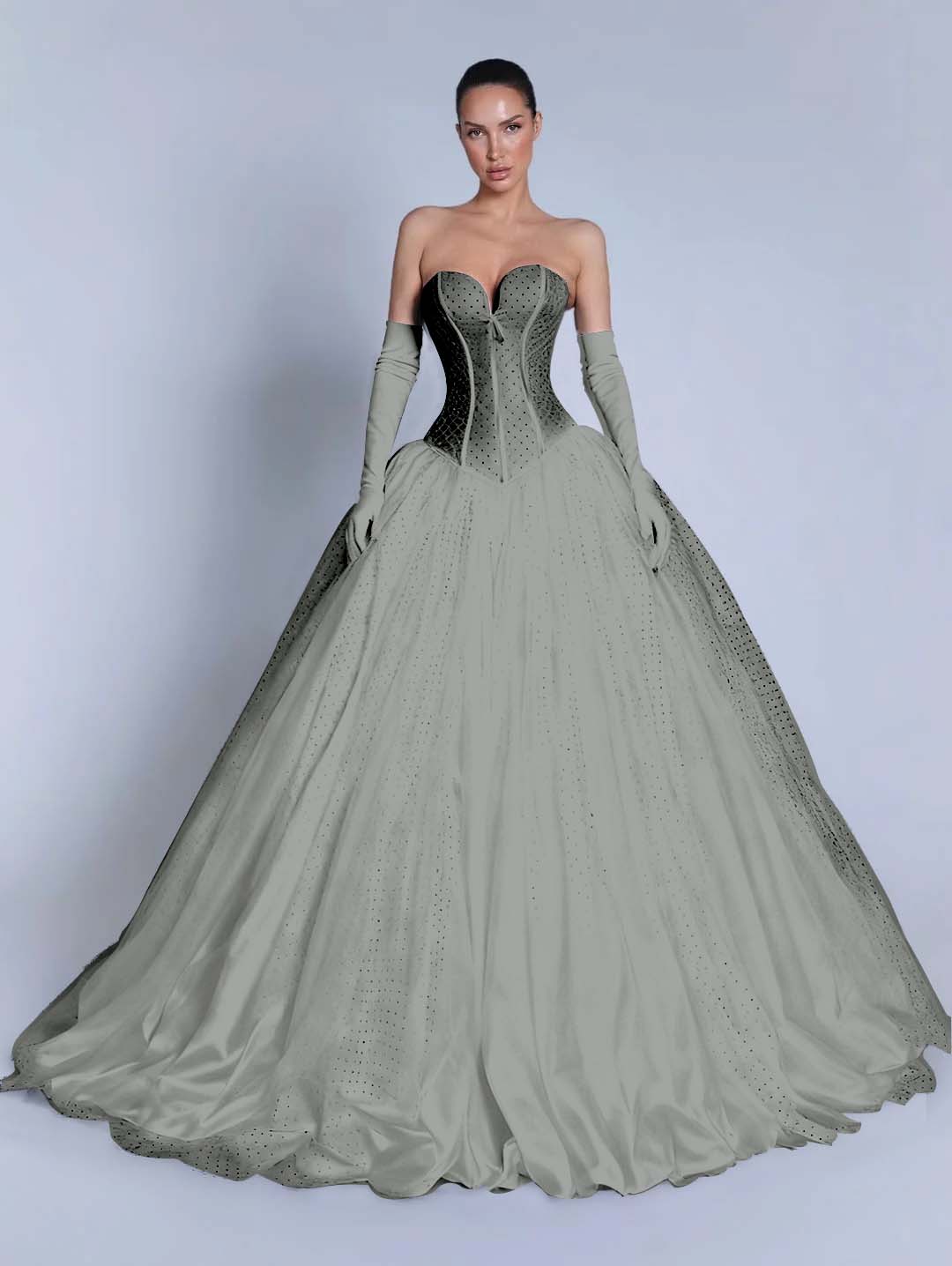 Tulle Sweetheart Strapless Sleeveless Long A-Line Prom Dress With Bow And Gloves YK0721