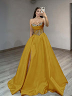 Satin Sweetheart Sleeveless Long Pleated A-Line Prom Dress With Rhinstone And Split YK0584