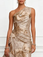 Champagne Jacquard Sequin One Shoulder Sleeveless Mermaid Floor-length Gown Dress