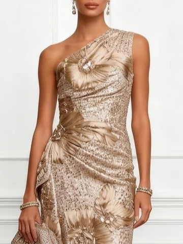Champagne Jacquard Sequin One Shoulder Sleeveless Mermaid Floor-length Gown Dress