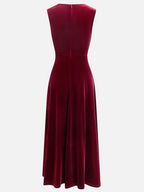 Wine Red Rhinestone Peplum Velvet V Neck Sleeveless A-Line Midi Dress