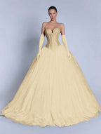Tulle Sweetheart Strapless Sleeveless Long A-Line Prom Dress With Bow And Gloves YK0721