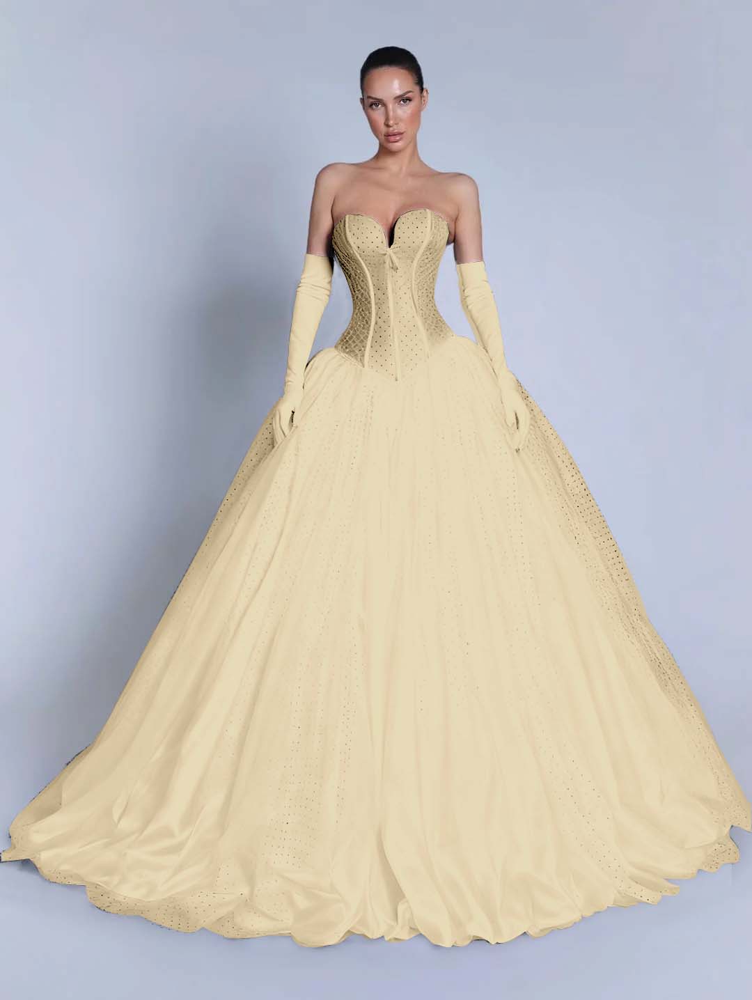 Tulle Sweetheart Strapless Sleeveless Long A-Line Prom Dress With Bow And Gloves YK0721