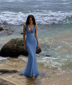 Cocoslly V-Neck Sleeveless High Waist Long Mermaid Prom Dress With Lace | Black Satin LX0099