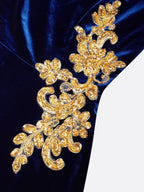 Deep Blue Applique Gathered Velvet Off The Shoulder Half Sleeve A-Line Midi Dress
