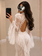 Cocoslly Long Sleeves High Waist Long Mermaid Prom Dress With Ruffles | White Lace JZ0164
