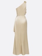 Champagne 3D Floral Ruched Satin One Shoulder Sleeveless Sheath Floor-length Gown Dress