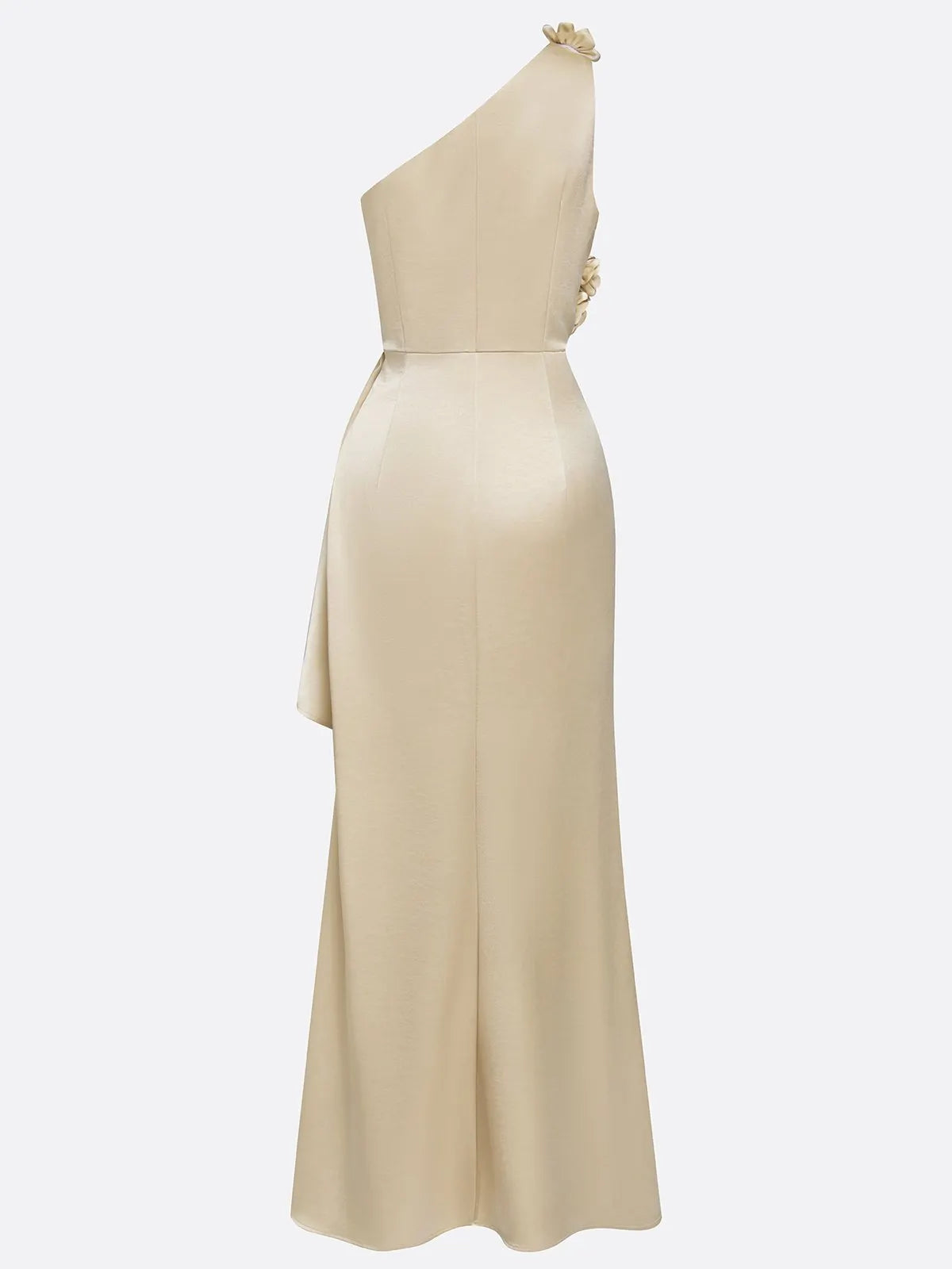 Champagne 3D Floral Ruched Satin One Shoulder Sleeveless Sheath Floor-length Gown Dress