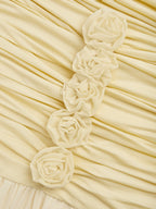 Yellow 3D Floral Chiffon Off The Shoulder Short Sleeve A-Line Maxi Dress