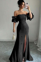 Strapless Bubble Sleeves Long Split Prom Dress With Beading WQ0027