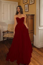 Cocoslly Sweetheart Strapless Sleeveless High-Waisted Long A-Line Pleated Prom Dress | Ivory Chiffon ZA0311