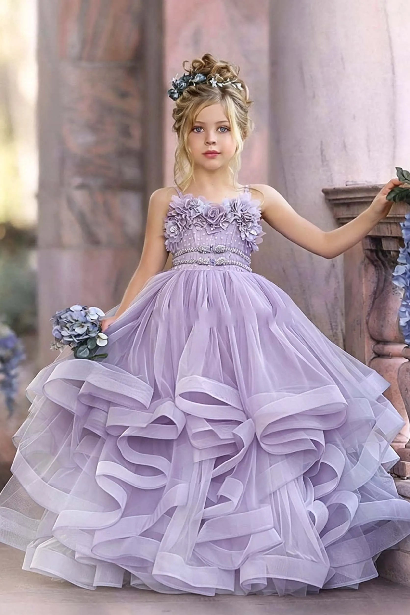 Cocoslly Spaghetti Straps  Sleeveless Flower Girl Dress With Appliques And Rhinstone | Dusty Blue Tulle FL0020