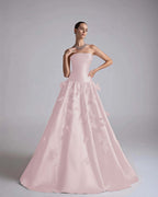 Satin Strapless Sleeveless Long A-Line Prom Dress With Flower Appliqués And Beadings YK0682