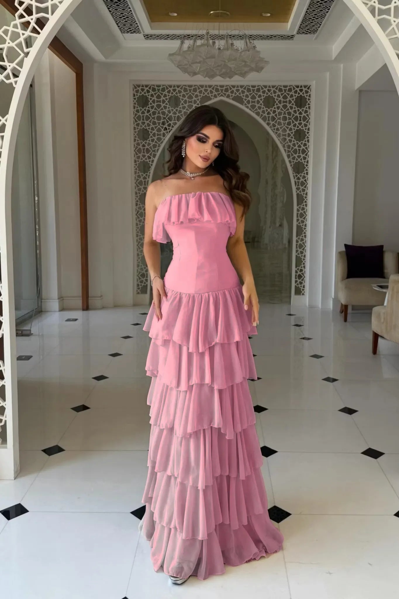 Cocoslly Strapless Sleeveless High Waist Long Prom Dress With Ruffles | Nude Champage Chiffon YC0565
