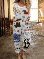 Women's Cute Dog Art Print Flowy Linen Blend Casual Jumpsuit