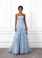 Light Blue 3D Floral Ruched Tulle Strapless Sleeveless A-Line Gown Dress
