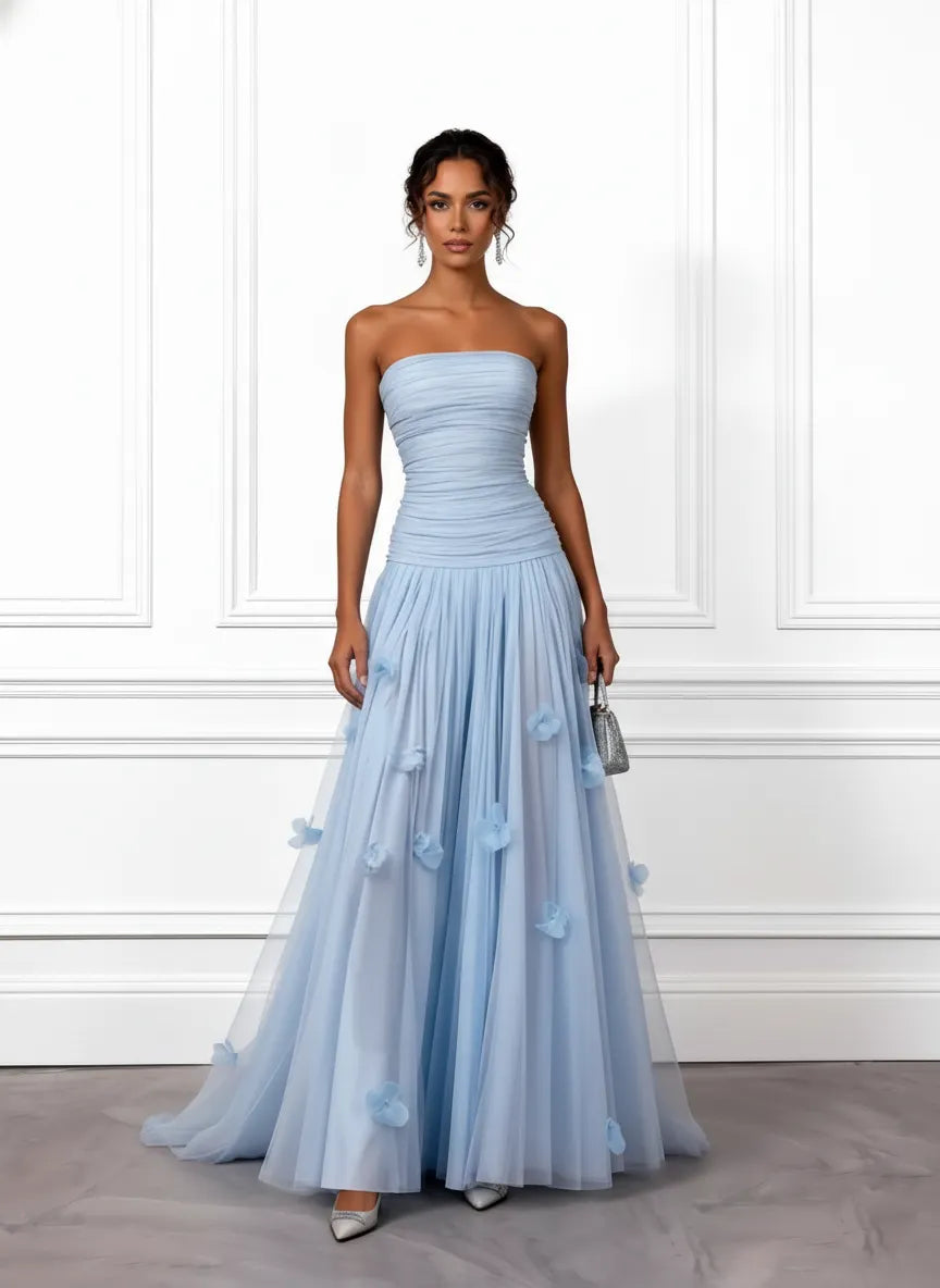 Light Blue 3D Floral Ruched Tulle Strapless Sleeveless A-Line Gown Dress
