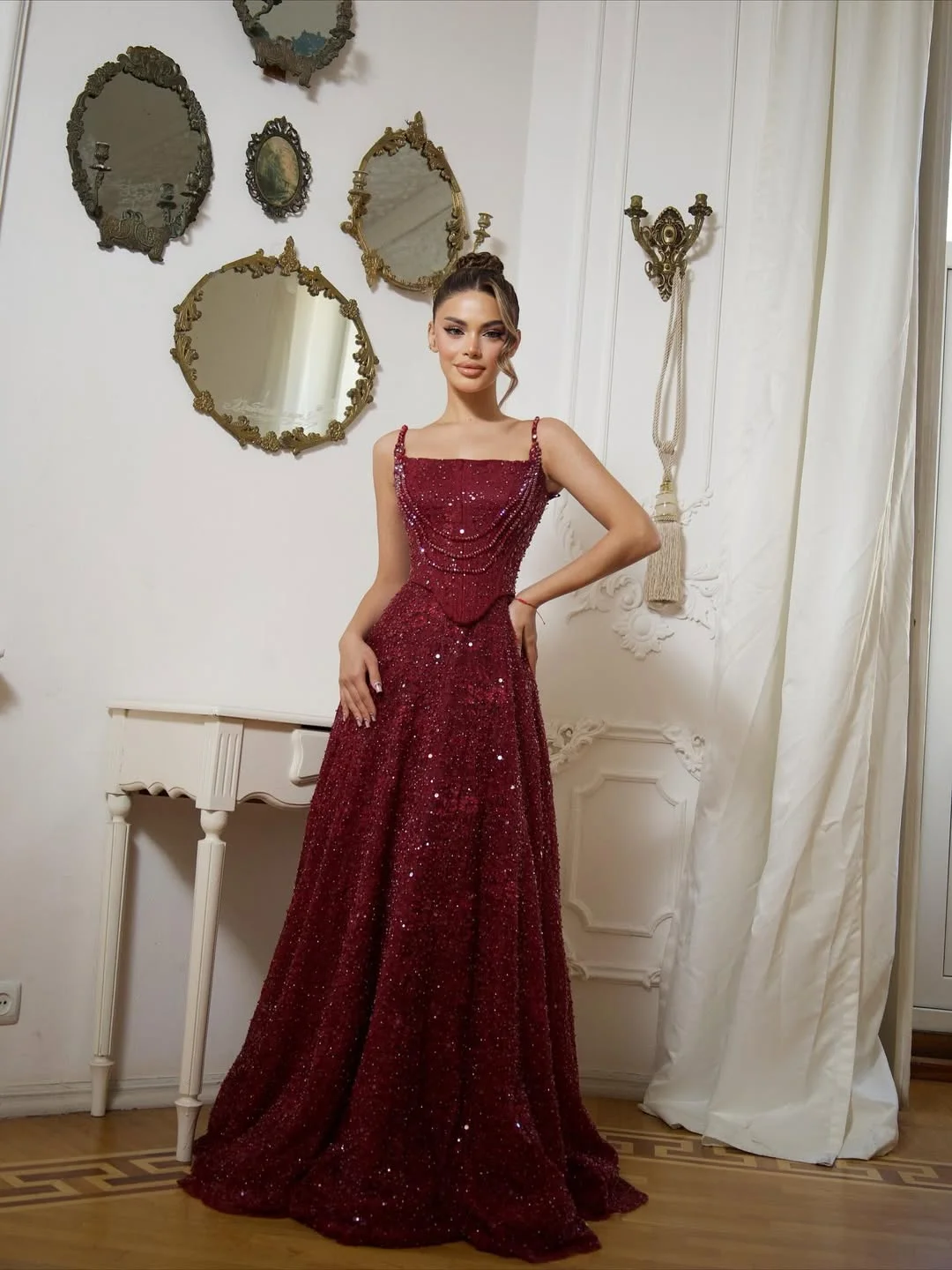 Square Neck Spaghetti Straps Sleeveless Long A-Line Prom Dress With Sequins And High Beadings YK0573